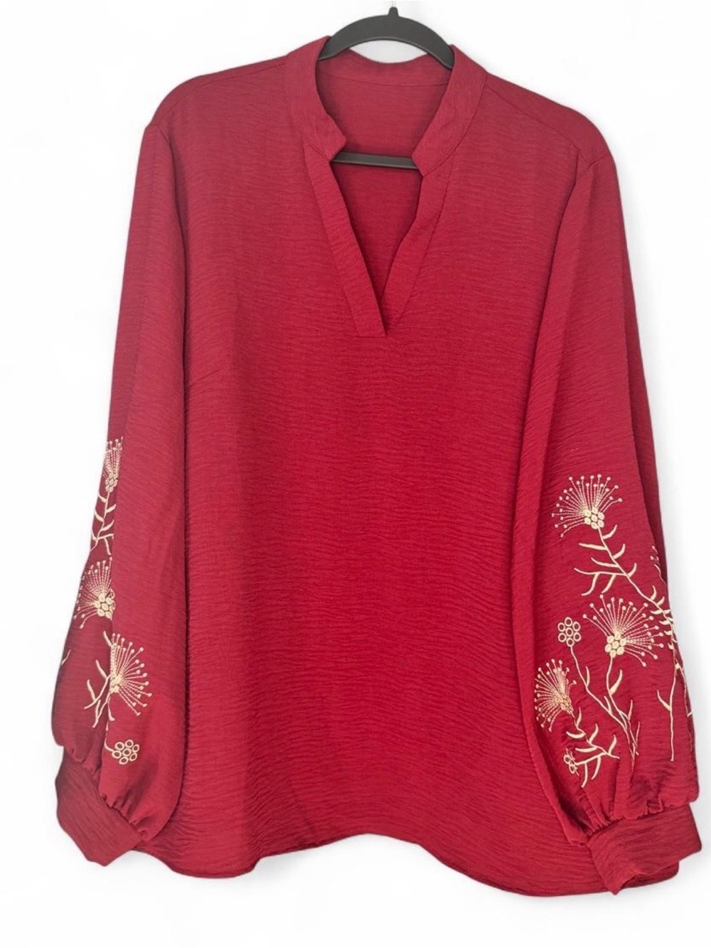 Women's Red Embroidered Split-Neck Blouse